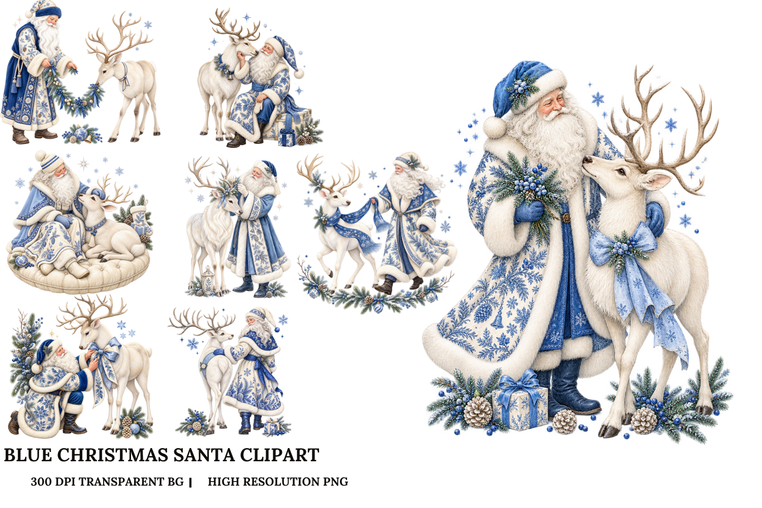 Blue Christmas Santa Clipart Bundle