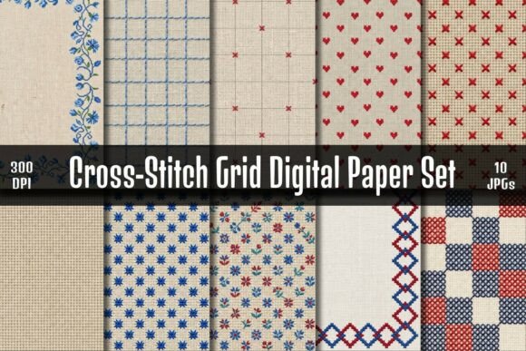 Cross-Stitch Grid JPG Digital Paper Set