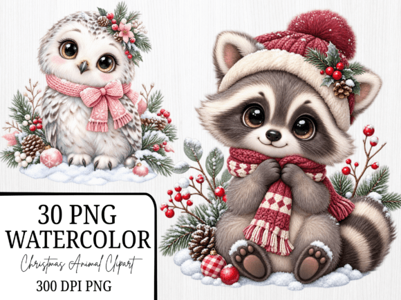 Cute Christmas Animal Watercolor Clipart