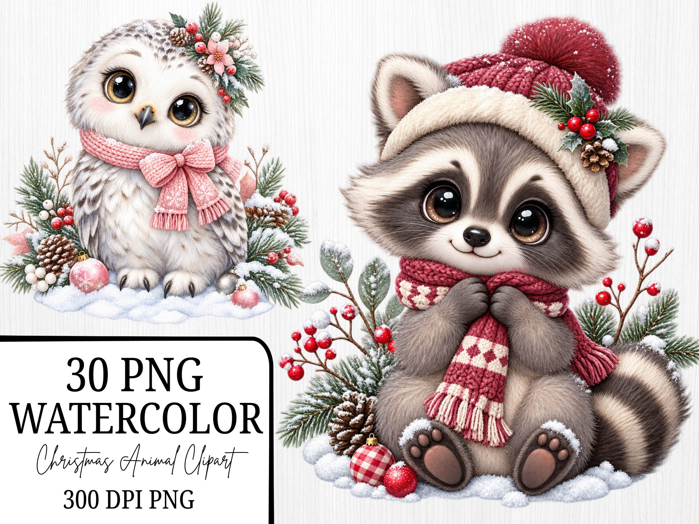 Cute Christmas Animal Watercolor Clipart