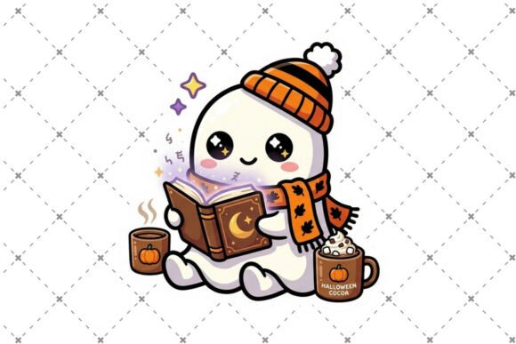Cute Cozy Ghost Reading PNG
