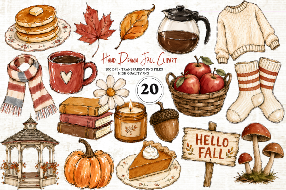 Hand Drawn Fall Clipart Set PNG