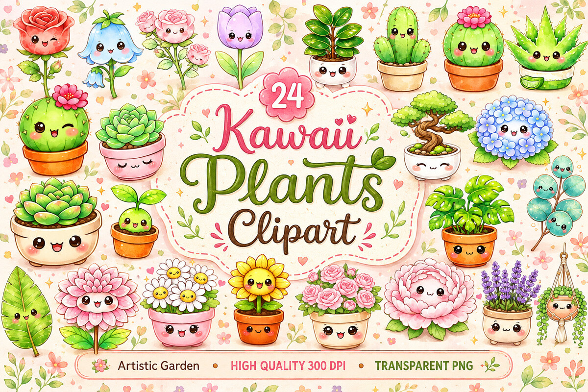 Kawaii Plants Sublimation Clipart Bundle