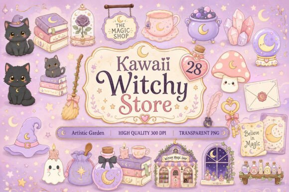 Kawaii Witchy Store Clipart Bundle