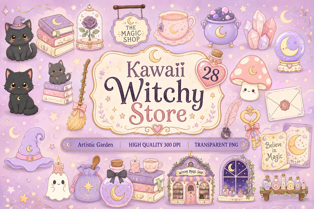 Kawaii Witchy Store Clipart Bundle