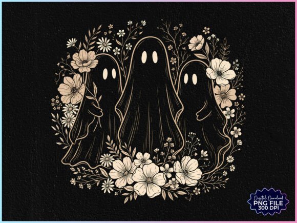 Retro Halloween Floral Ghost PNG
