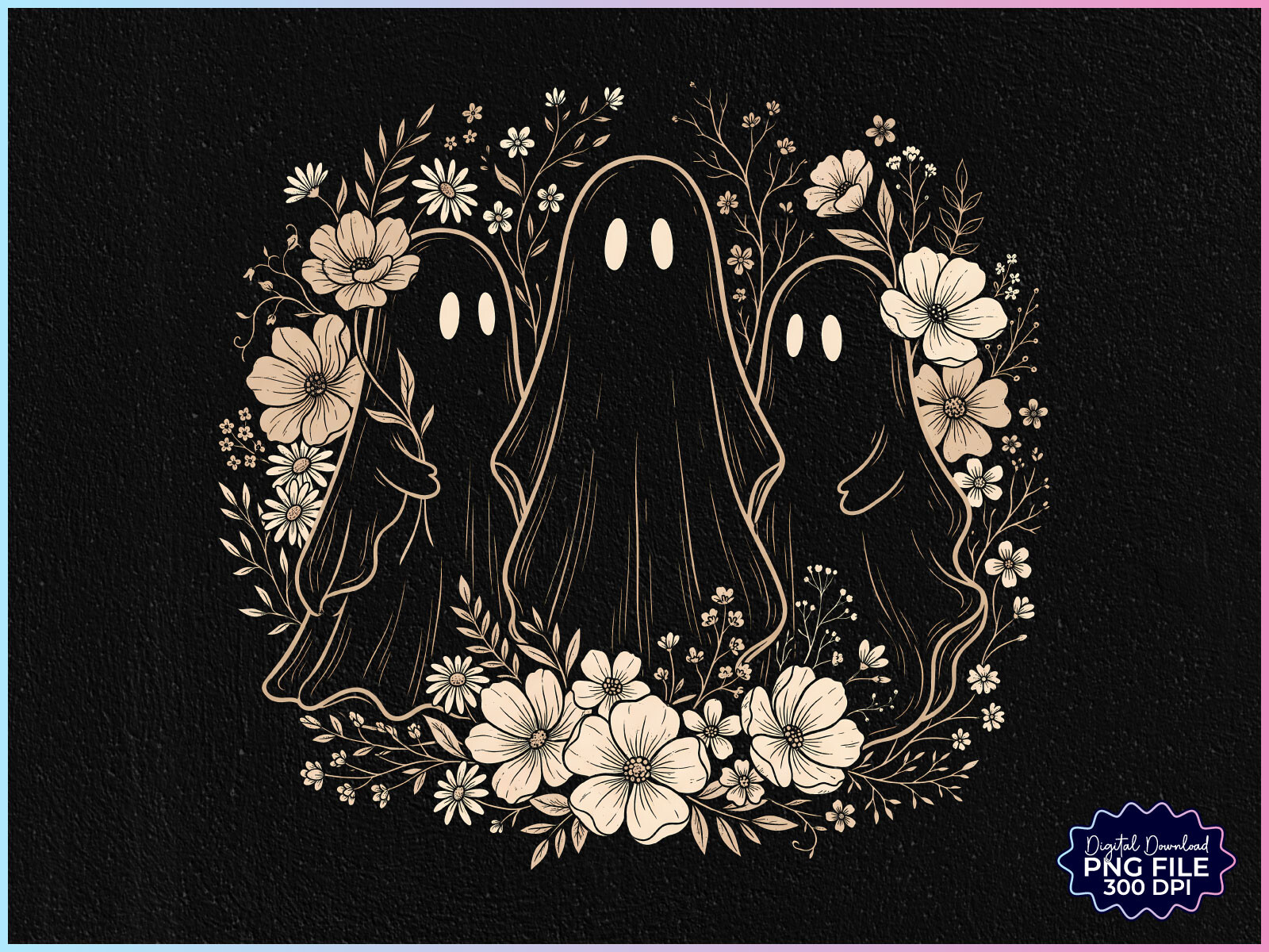 Retro Halloween Floral Ghost PNG