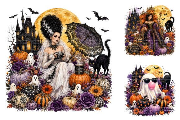 Spooky Gothic Witch Pumpkin Cats Clipart