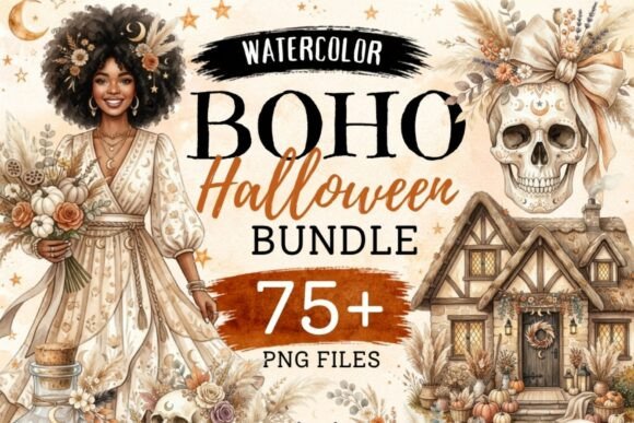 Watercolor Boho Halloween Clipart Bundle