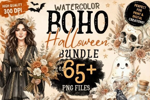 Watercolor Boho Halloween Clipart
