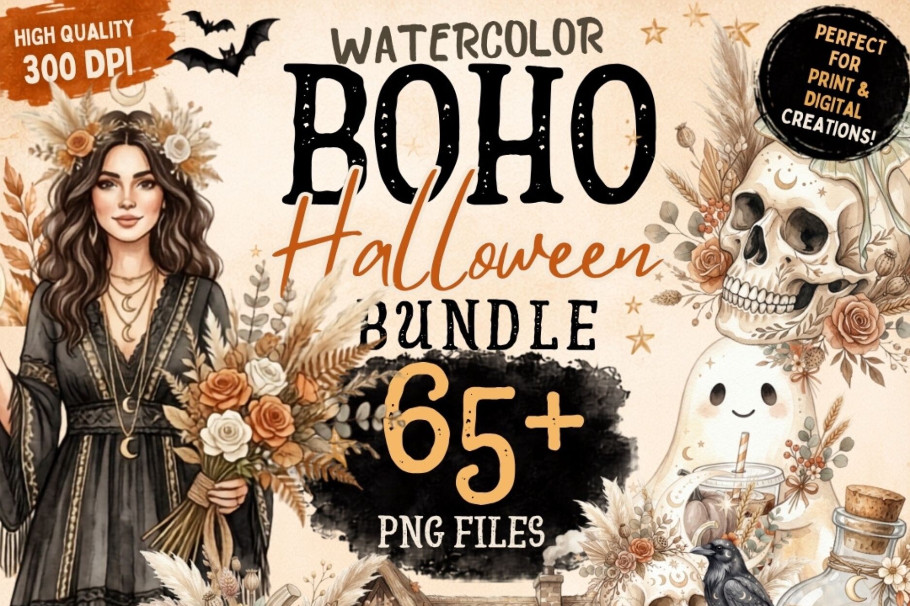 Watercolor Boho Halloween Clipart