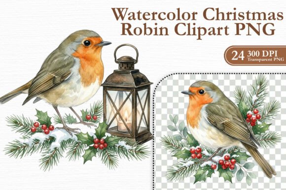 Watercolor Christmas Robin Clipart PNG