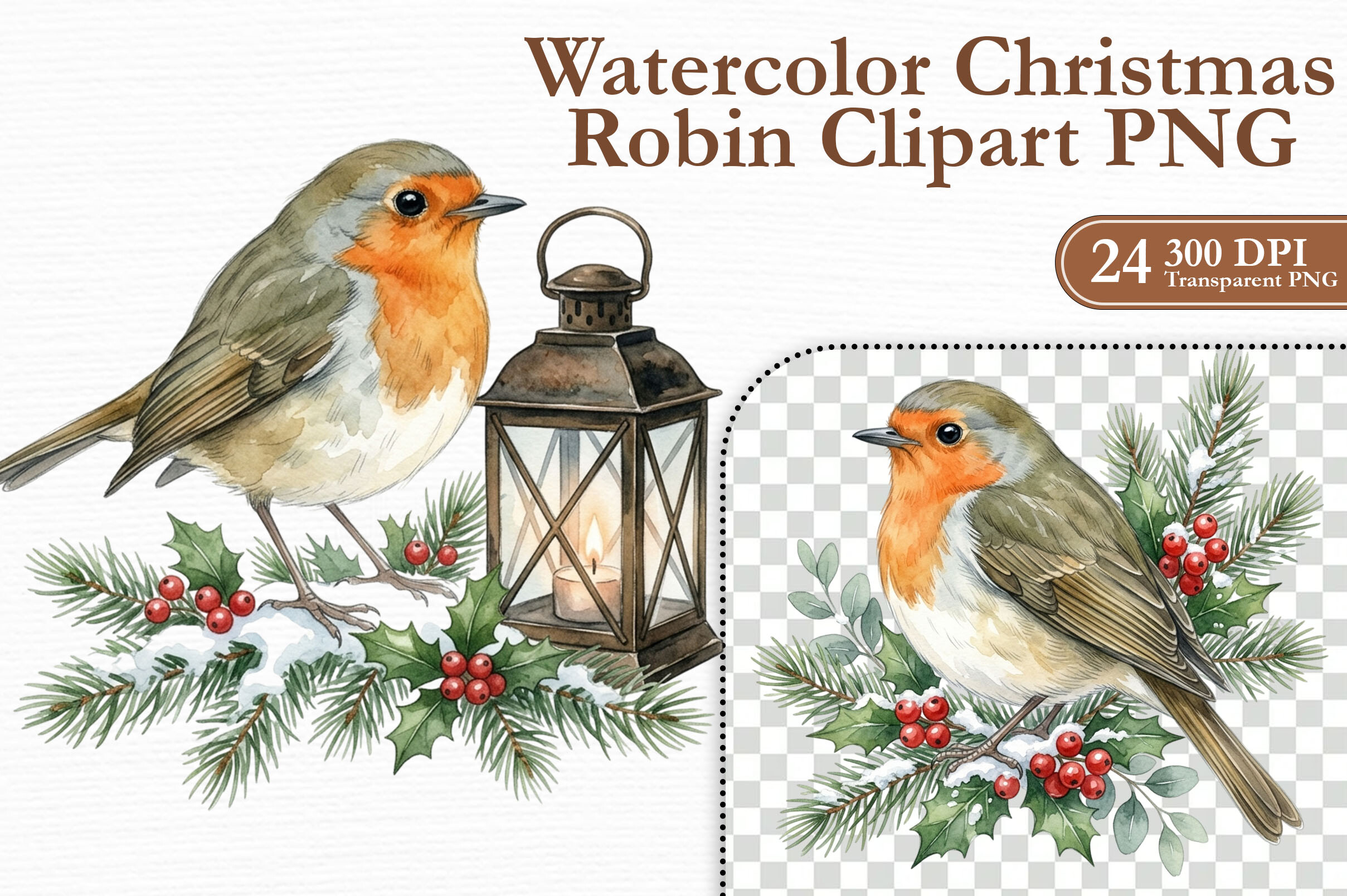 Watercolor Christmas Robin Clipart PNG