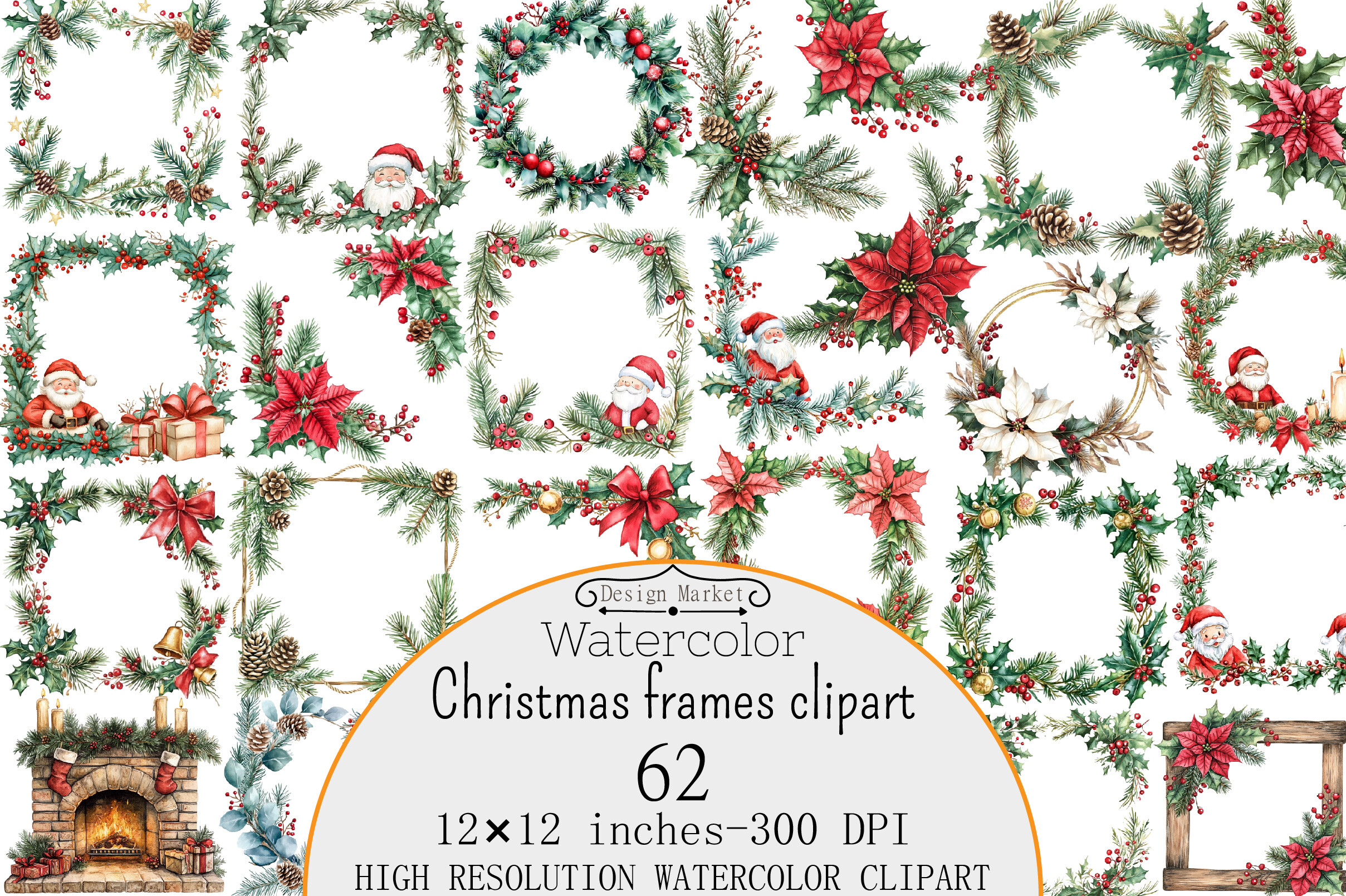 Watercolor Christmas Frames Clipart