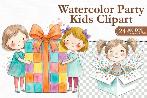 Watercolor Party Kids Clipart PNG