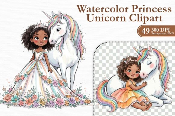 Watercolor Princess Unicorn Clipart PNG