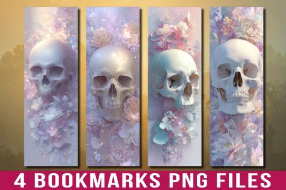 White Pastel Floral Skull Bookmark PNG