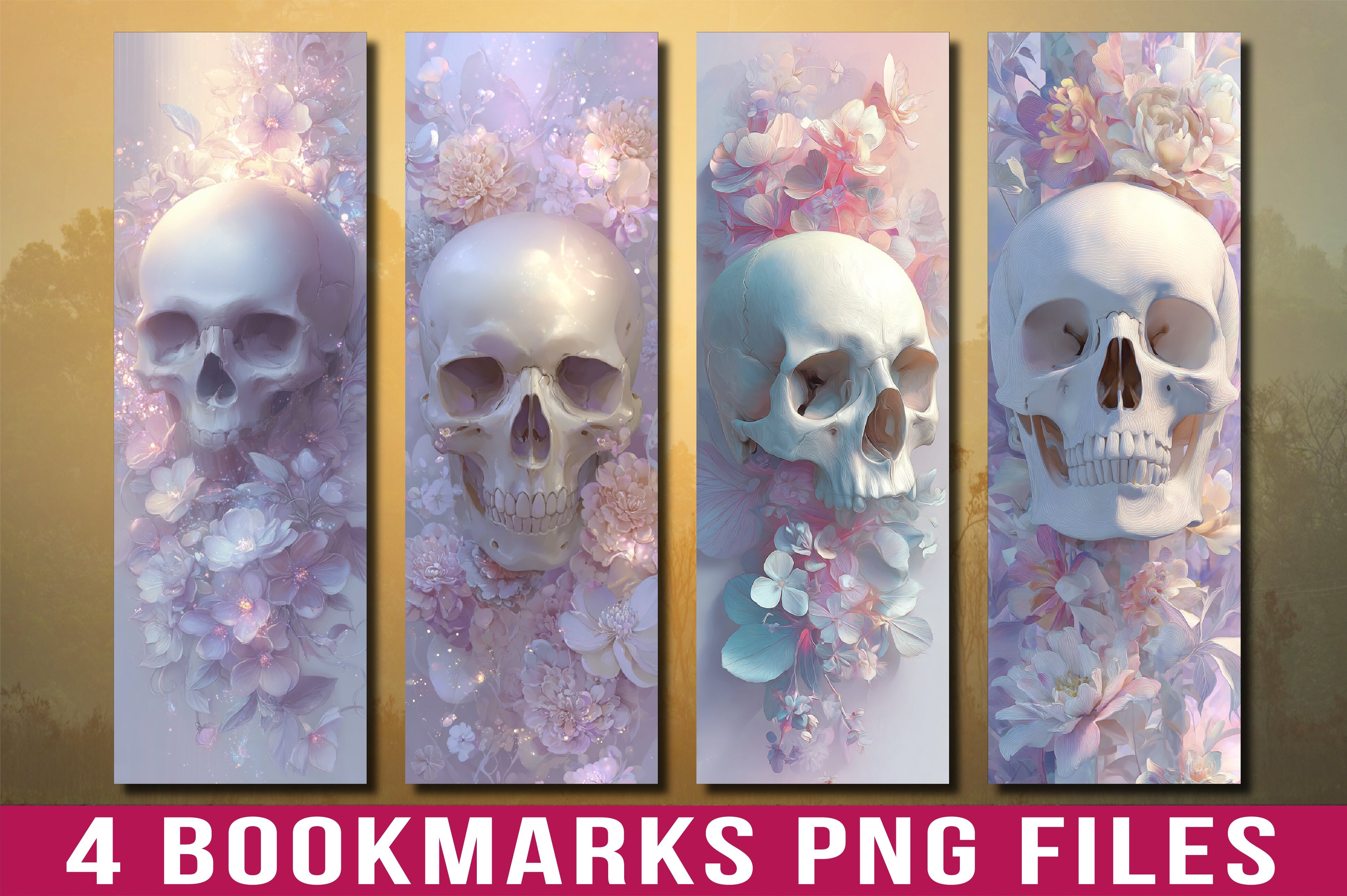 White Pastel Floral Skull Bookmark PNG