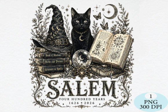 Witchy Black Cat Salem Halloween PNG