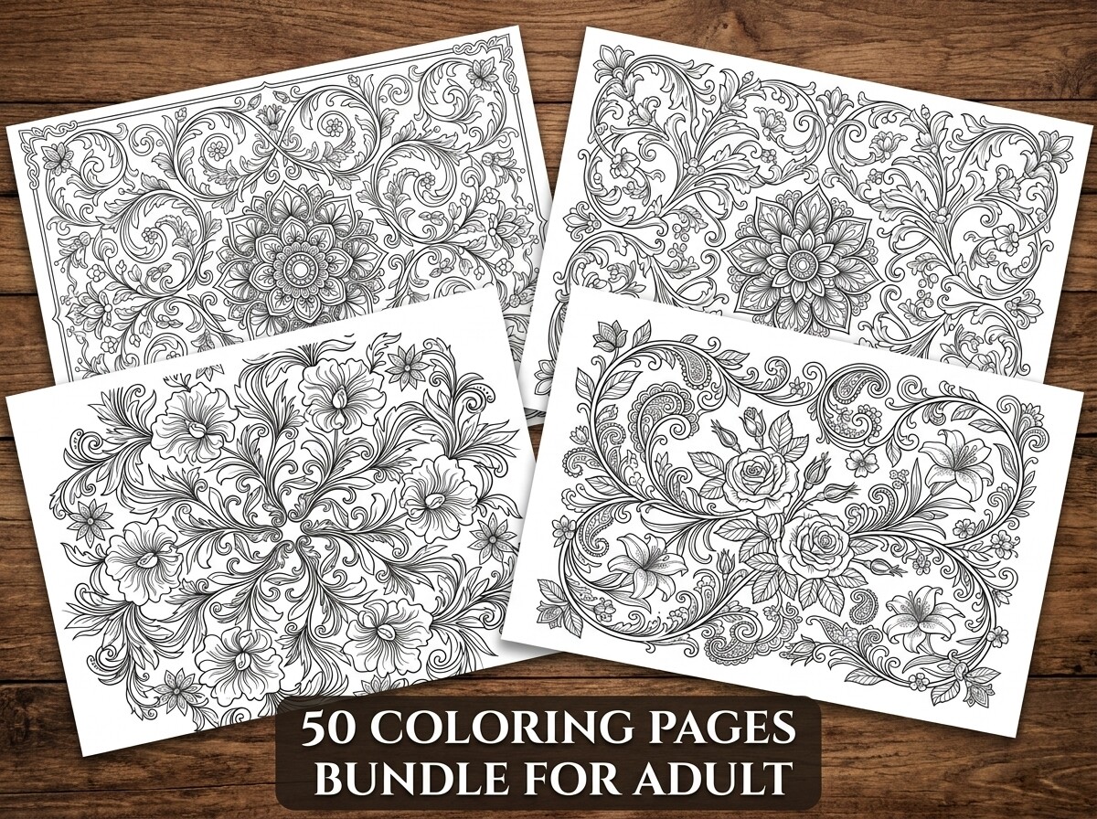 50 Floral Coloring Pages Bundle