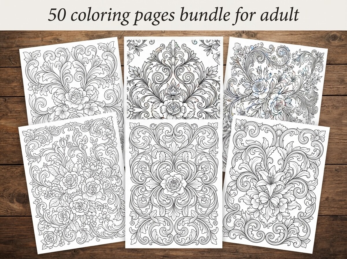 50 Floral Coloring Pages Bundle