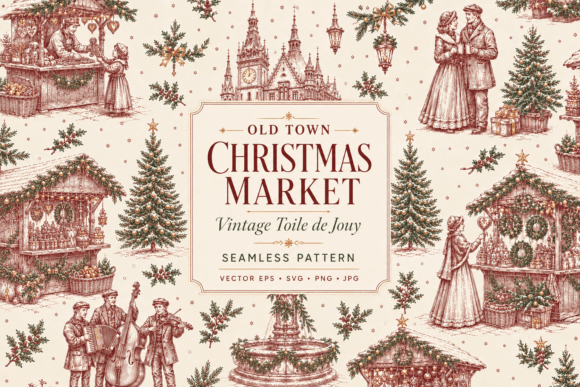 Vintage Christmas Market Toile Pattern