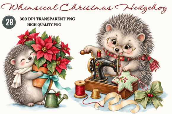 Whimsical Christmas Hedgehog PNG Bundle