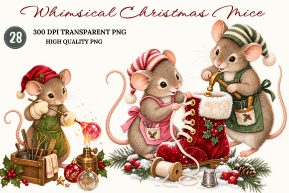 Whimsical Christmas Mice Clipart Bundle