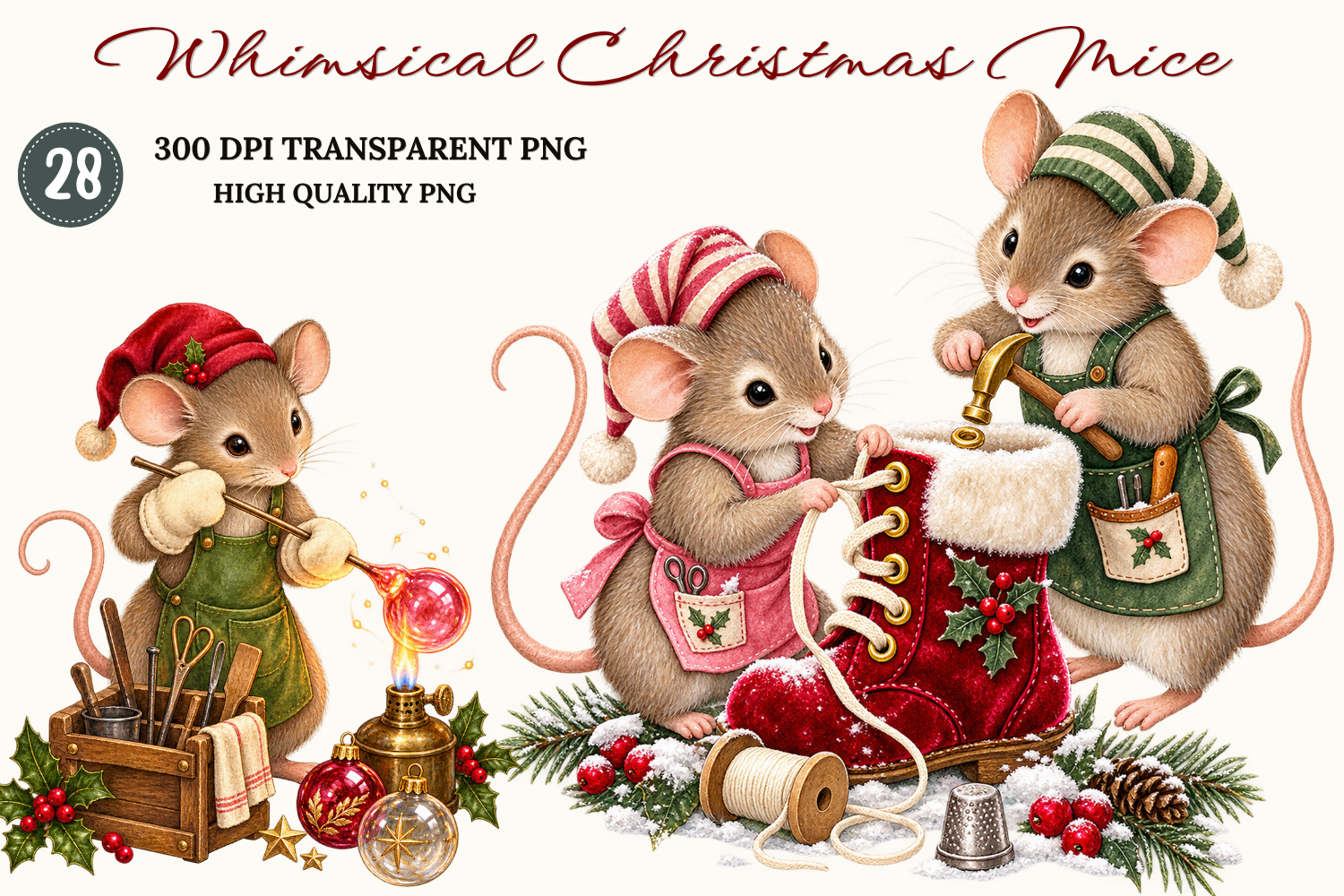 Whimsical Christmas Mice Clipart Bundle