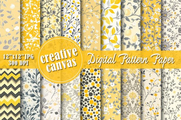Yellow Gray Floral Seamless Patterns