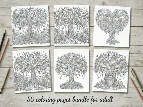 50 Enchanted Tree Coloring Pages Bundle