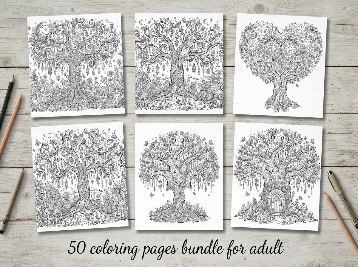 50 Enchanted Tree Coloring Pages Bundle