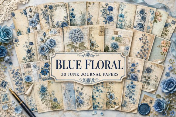 Blue Floral Collage Paper Junk Journal
