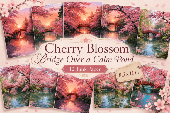 Cherry Blossom Bridge over a Calm Pond