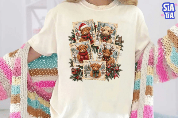 Christmas Highland Cow Stamp PNG Tee