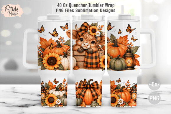 Fall Highland Cow 40oz Tumbler Wrap PNG