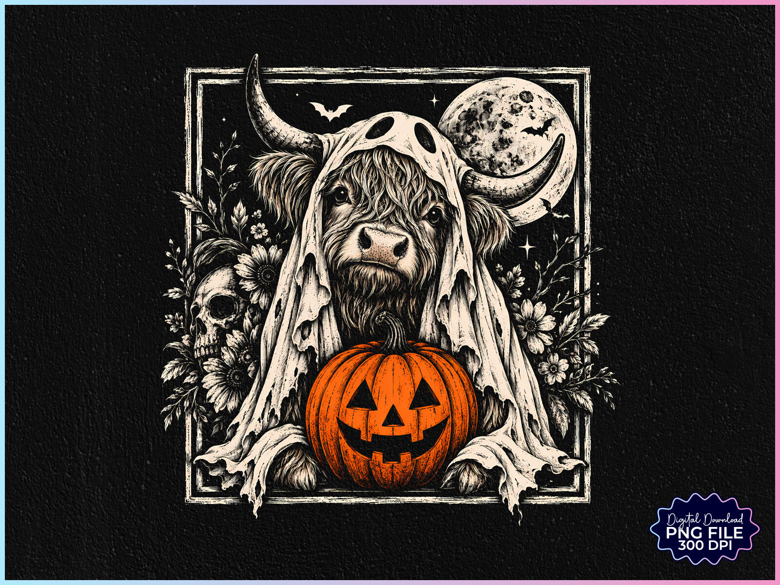 Halloween Ghost Highland Cow PNG