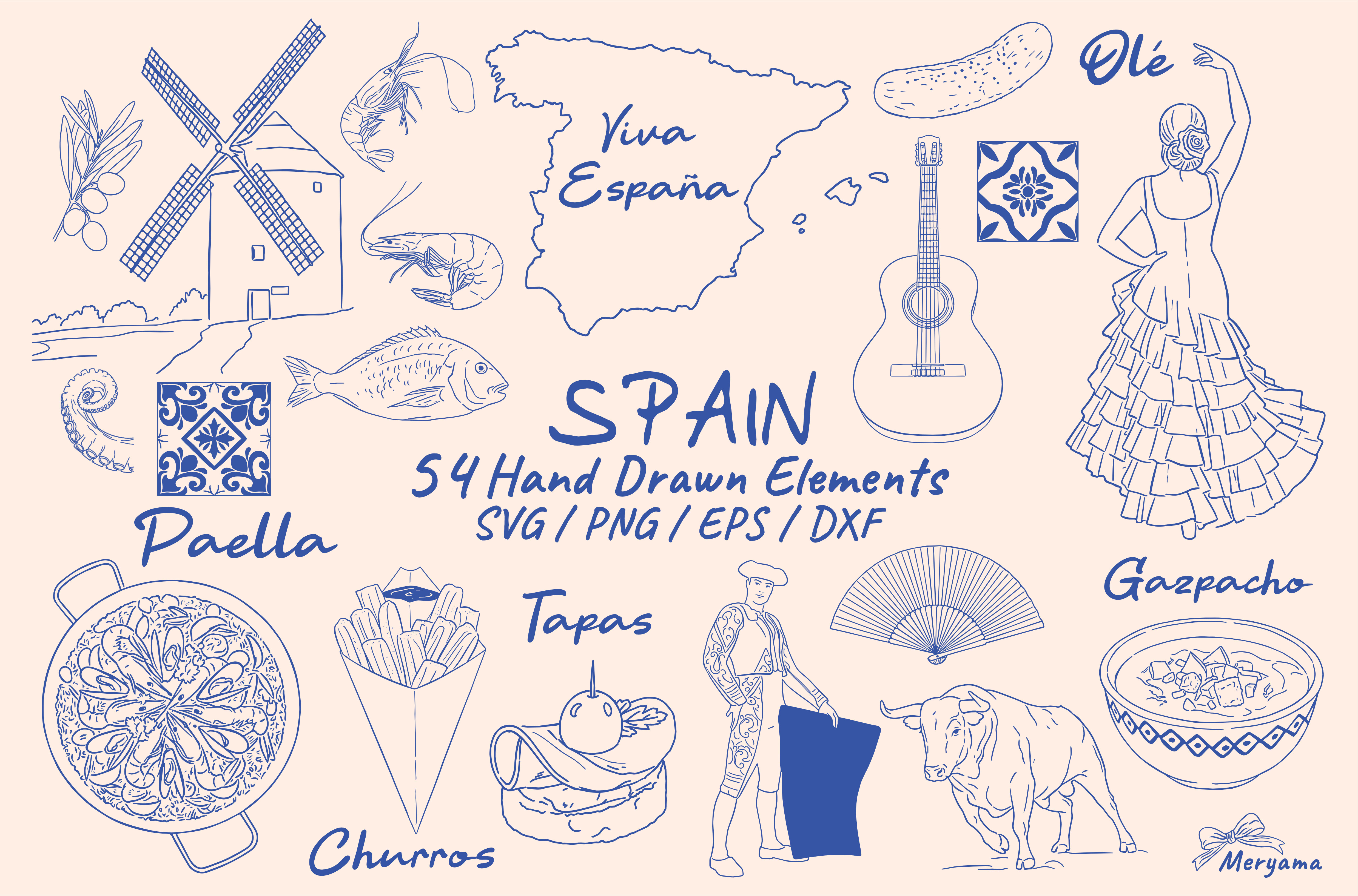 Hand Drawn Spanish Culture Doodle Set SVG file