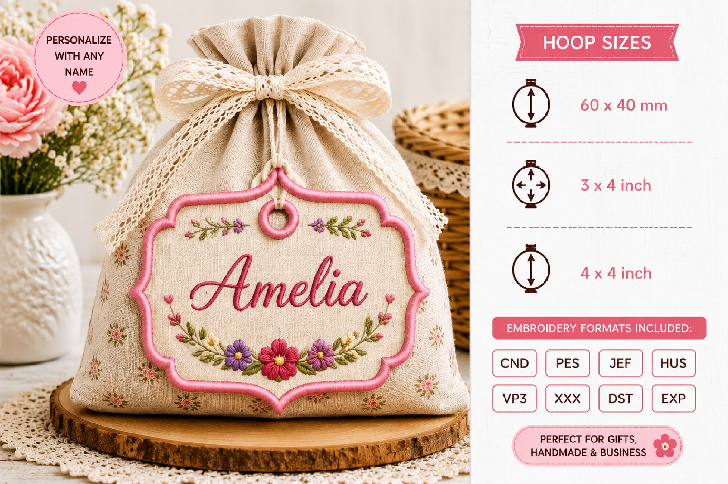 ITH Blank Floral Bracket Tag Embroidery