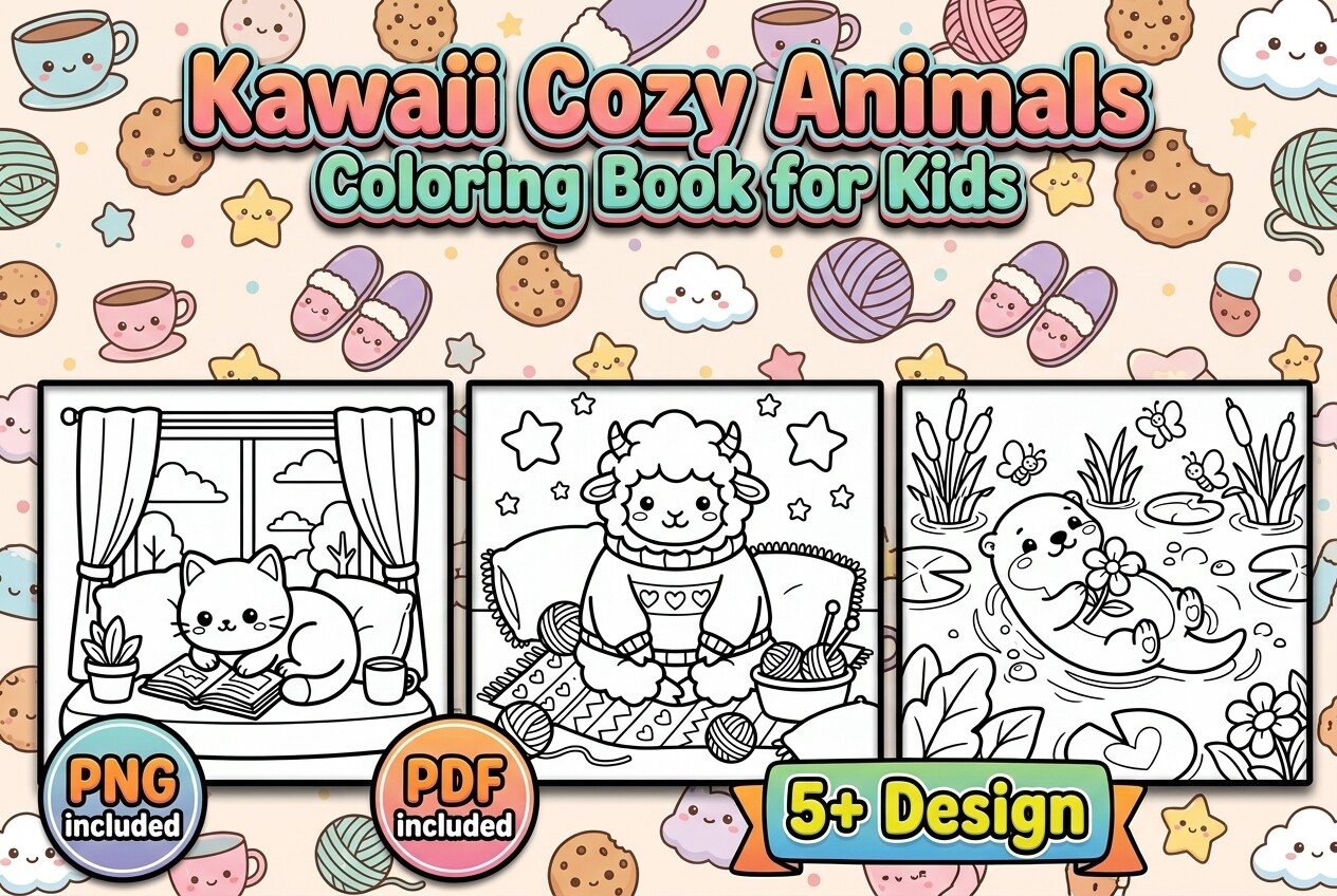 Kawaii Cozy Animals Coloring Book Kids