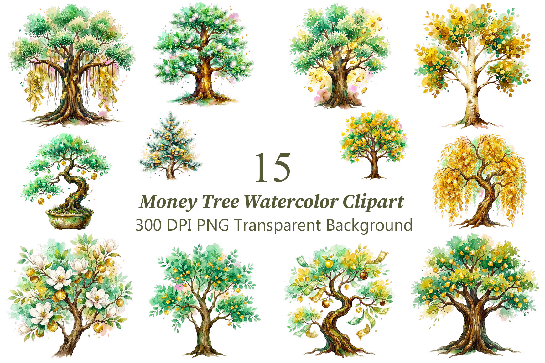Money Tree Watercolor Clipart
