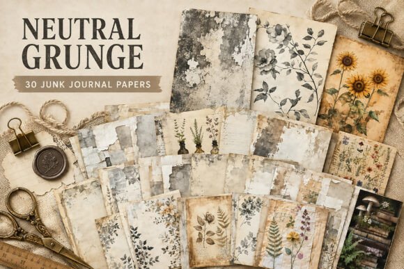 Neutral Grunge Floral Junk Journal Paper