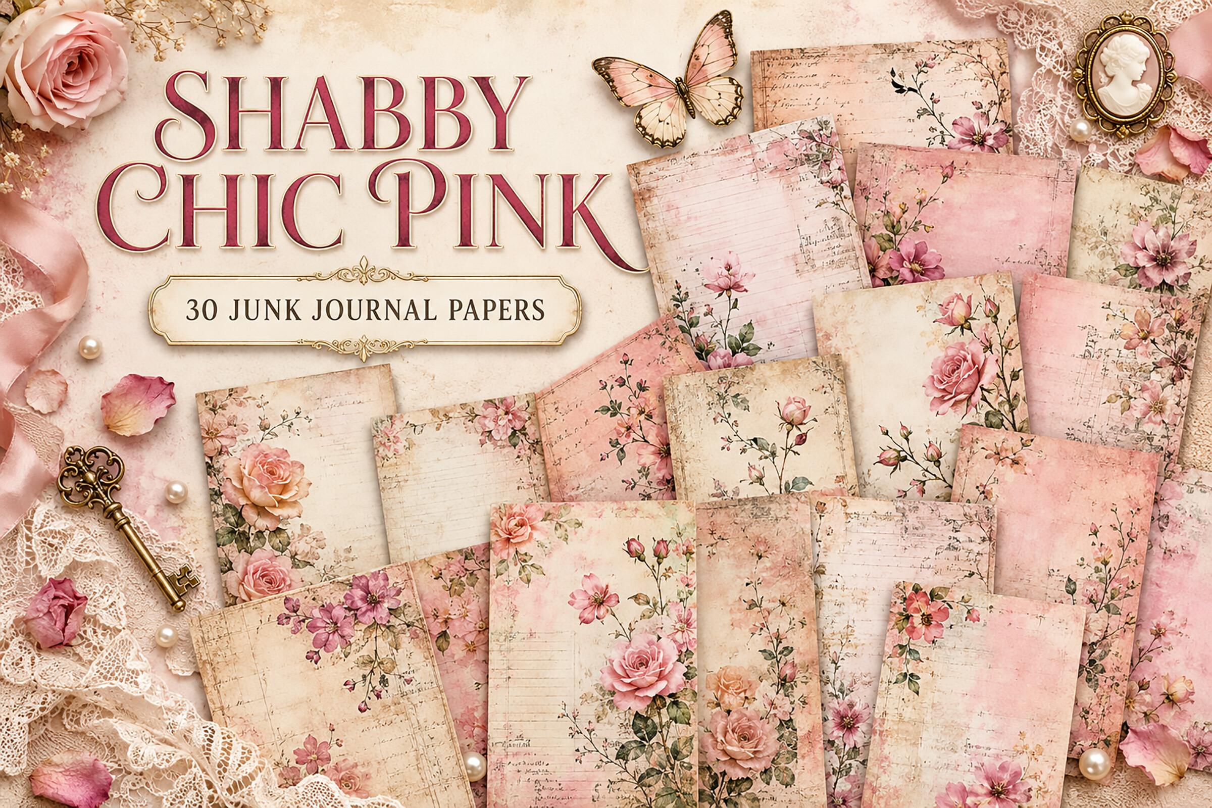 Pink Rose Shabby Chic Junk Journal Paper