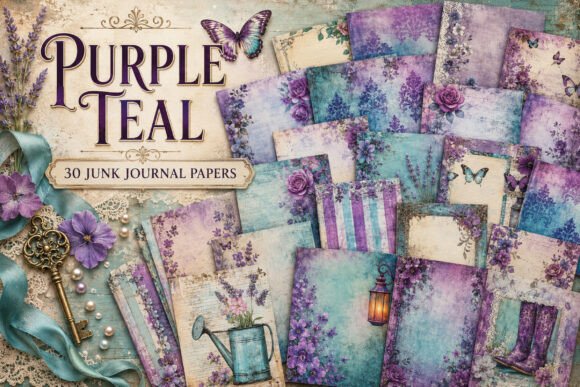Purple Teal Butterfly Junk Journal Paper