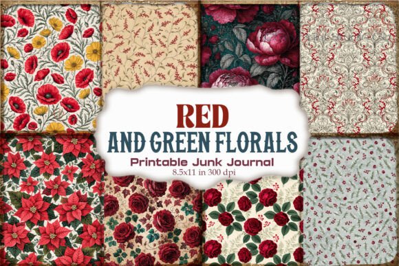 Red and Green Floral Junk Journal Paper