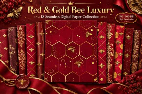 Red & Gold Bee Luxury Seamless Pattern