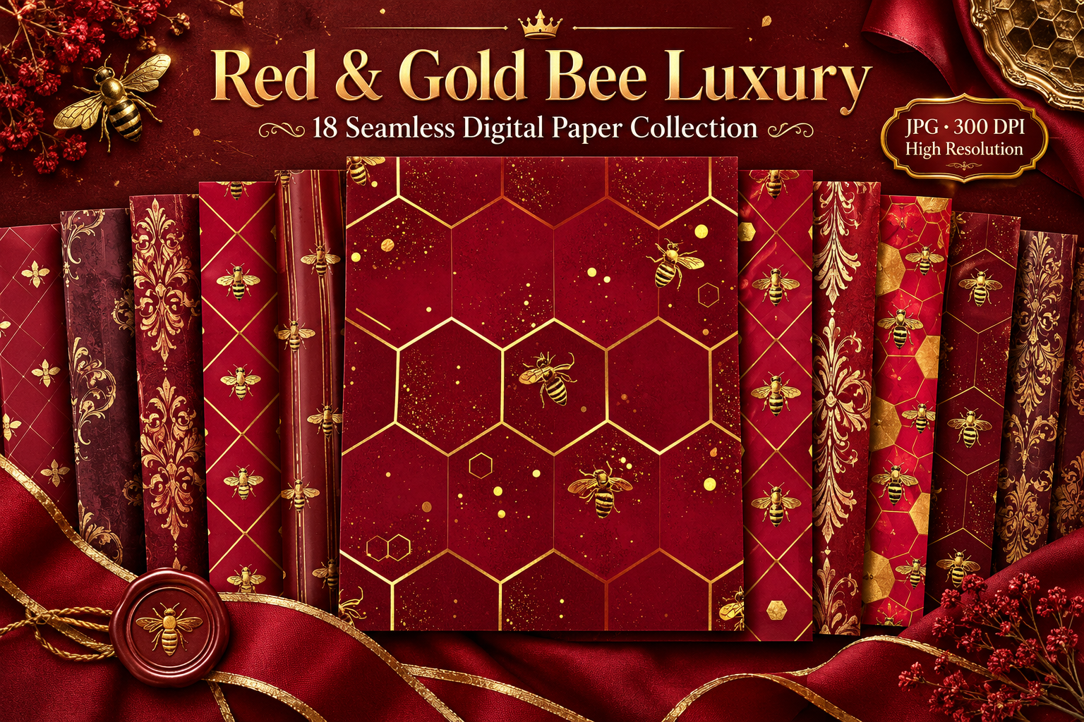 Red & Gold Bee Luxury Seamless Pattern