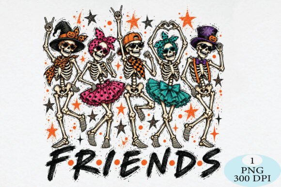 Retro Halloween Skeleton Friends PNG