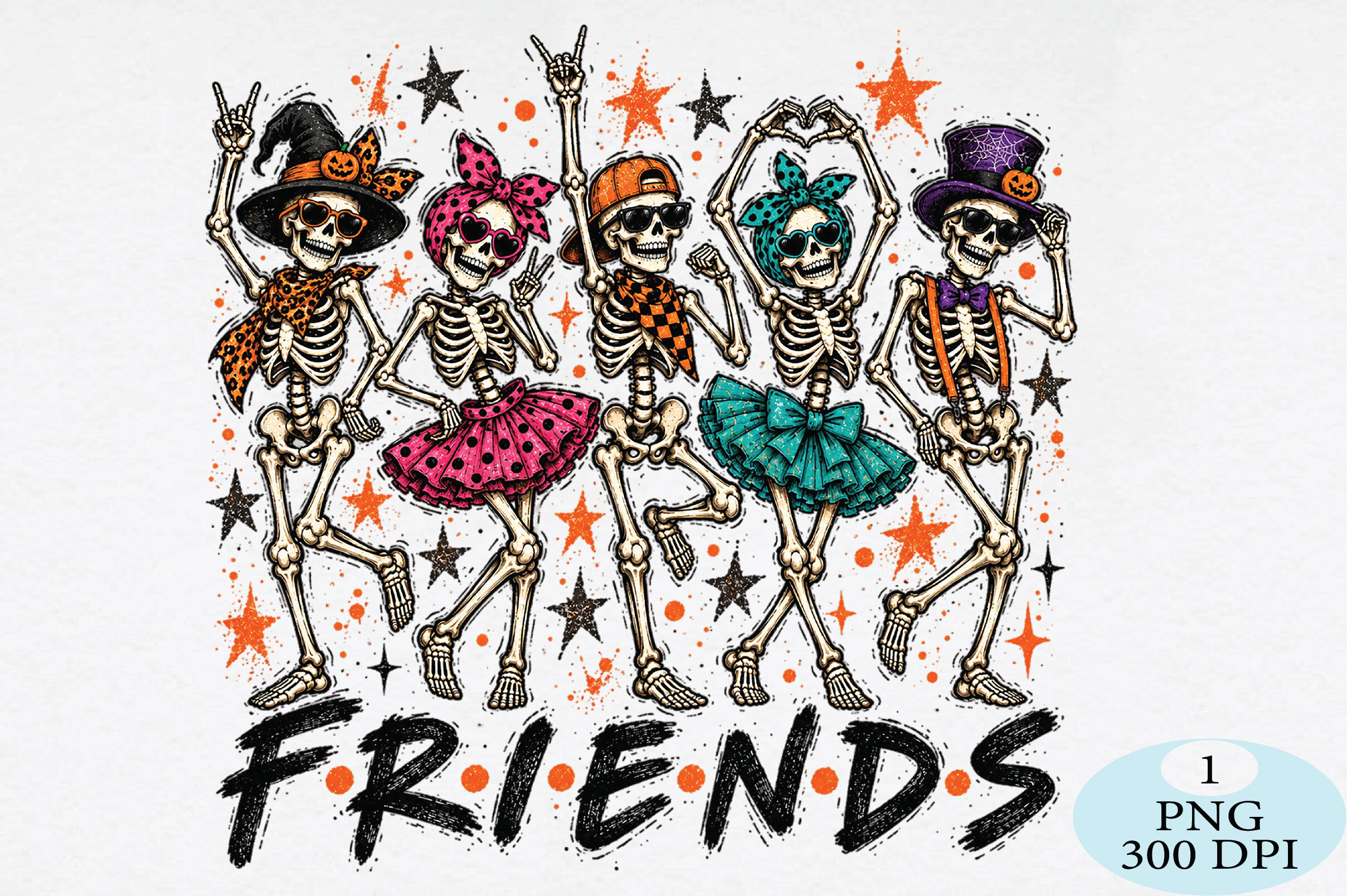 Retro Halloween Skeleton Friends PNG