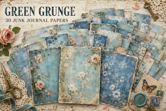 Vintage Blue Floral Junk Journal Papers